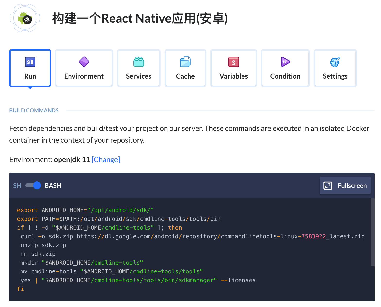 Default React native action build commands